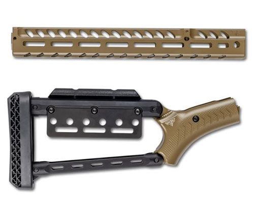 Smith & Wesson 1854 M-LOK Lever Stock Set (FDE) tarjoaa kevyen, kestävä 6061-T6 alumiinirakenteen, 24 M-LOK -liitäntää ja helpon asennuksen.